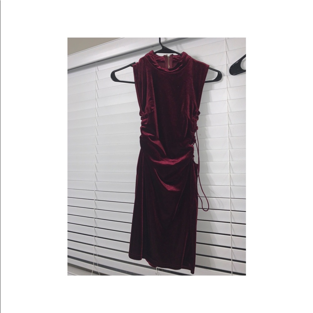 Red velvet side string mini dress